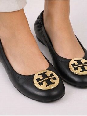 Tory Burch Black Leather Logo Medallion Ballet Flats